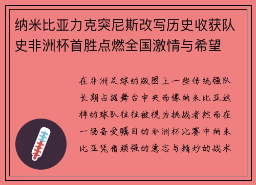 纳米比亚力克突尼斯改写历史收获队史非洲杯首胜点燃全国激情与希望