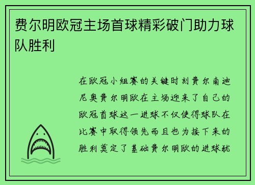 费尔明欧冠主场首球精彩破门助力球队胜利 费尔明欧冠主场首球精彩破门助力球队胜利
